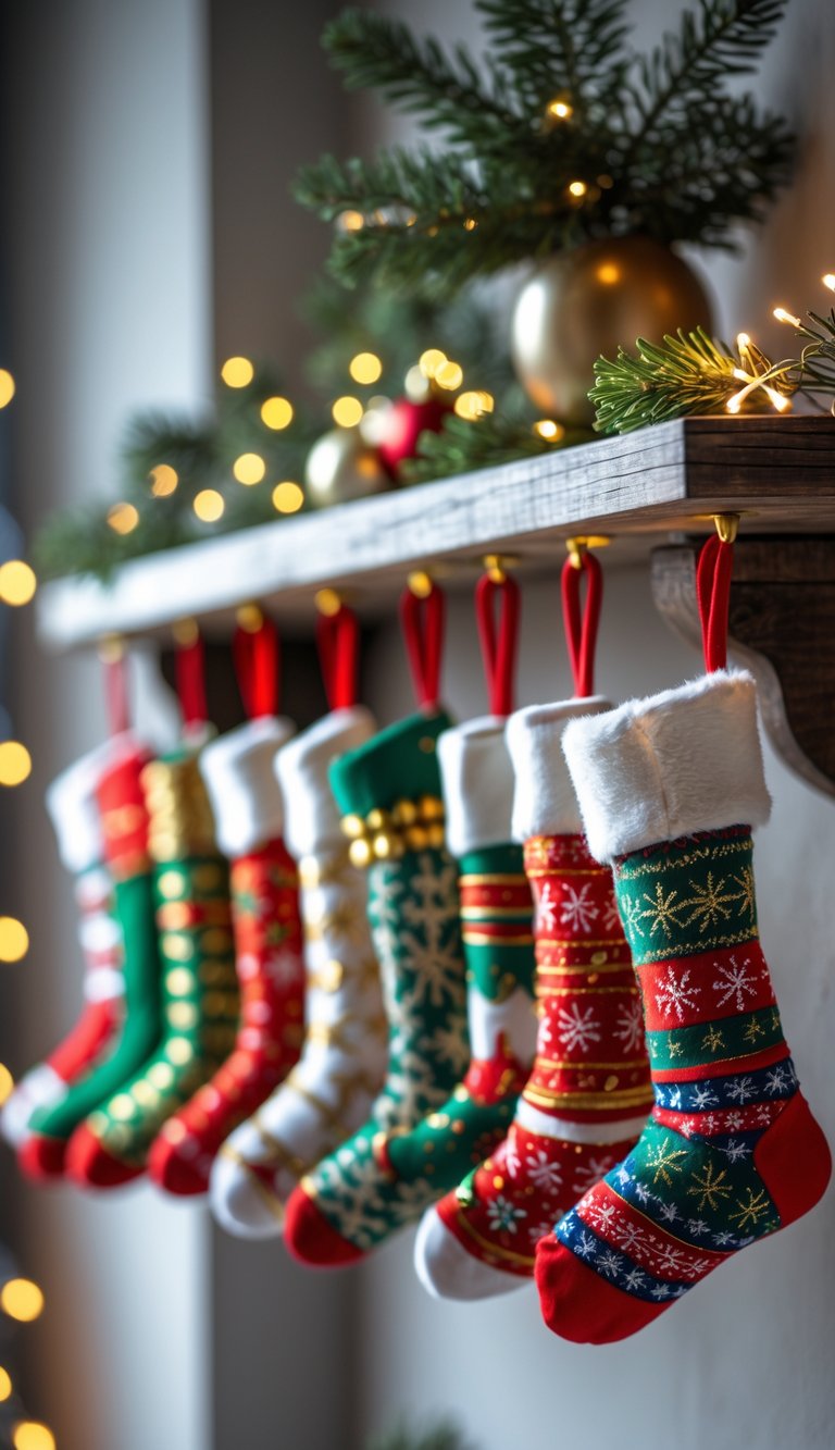 A string of ten colorful mini Christmas stockings hanging on a shelf decorated with pine branches and fairy lights.