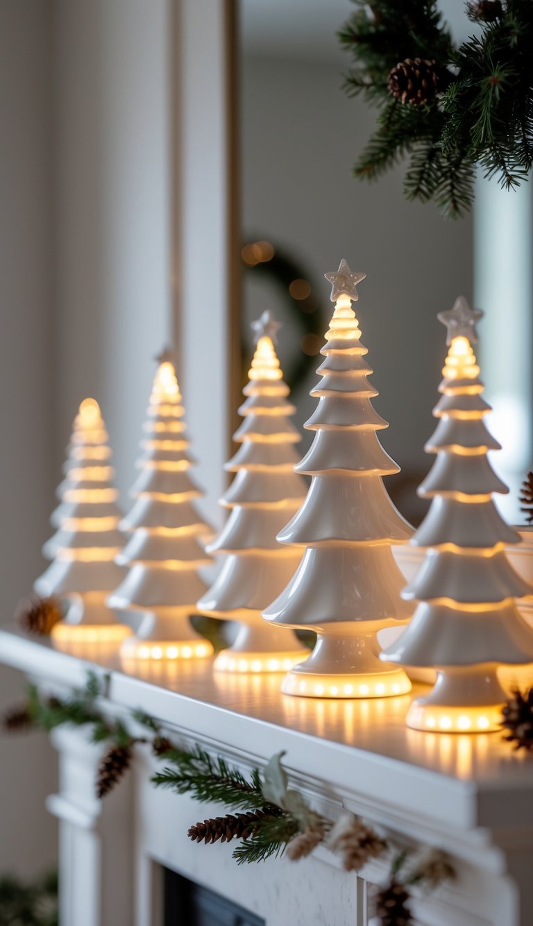A set of white ceramic Christmas trees with warm glowing bases arranged on a fireplace mantle decorated with pinecones and greenery.