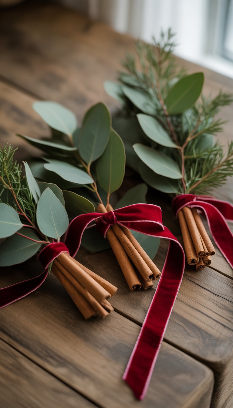 Bundles of eucalyptus leaves and cinnamon sticks tied with red velvet ribbons on a wooden table.