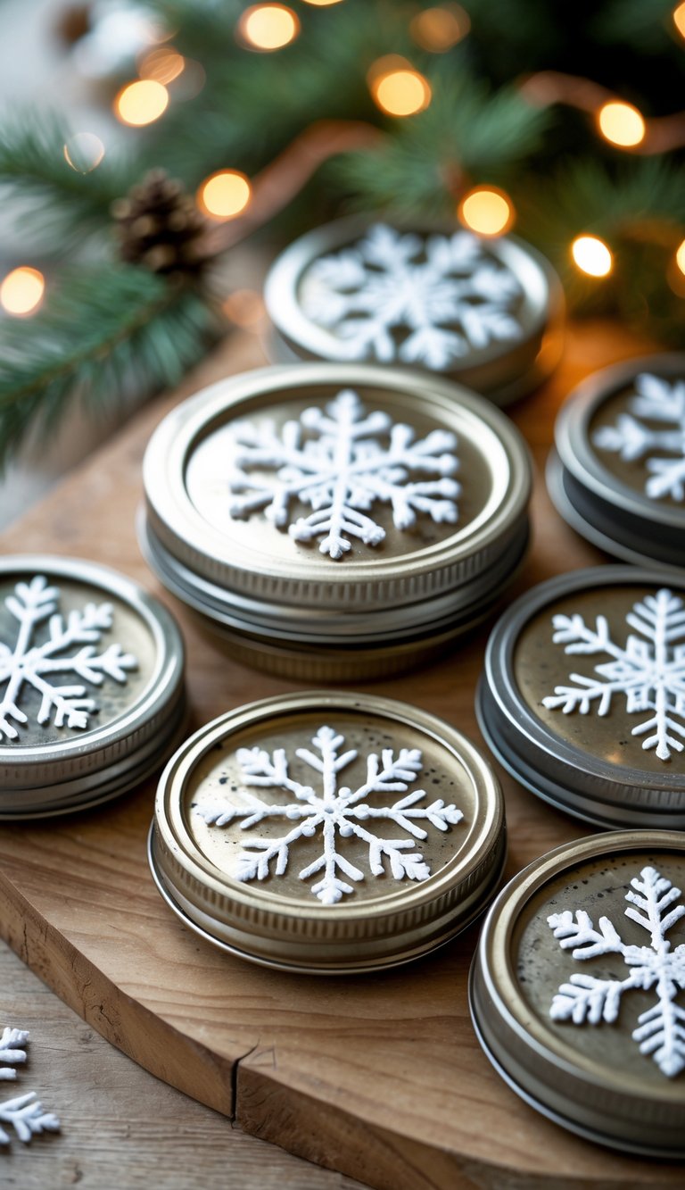 Ten rustic Christmas tree ornaments made from mason jar lids decorated with white snowflakes arranged on a wooden surface with blurred evergreen branches and holiday lights in the background.