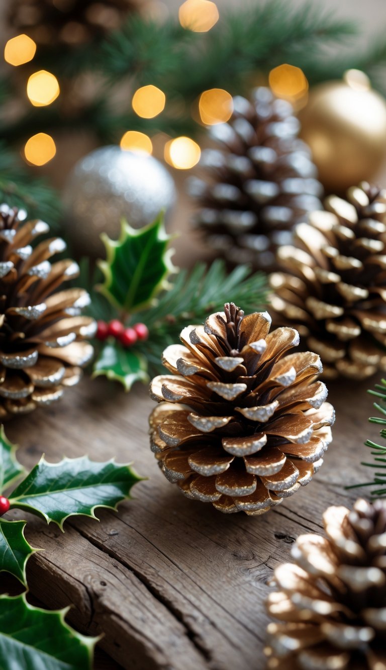 Hand-painted pinecone Christmas ornaments with metallic accents arranged on a wooden surface with pine branches.