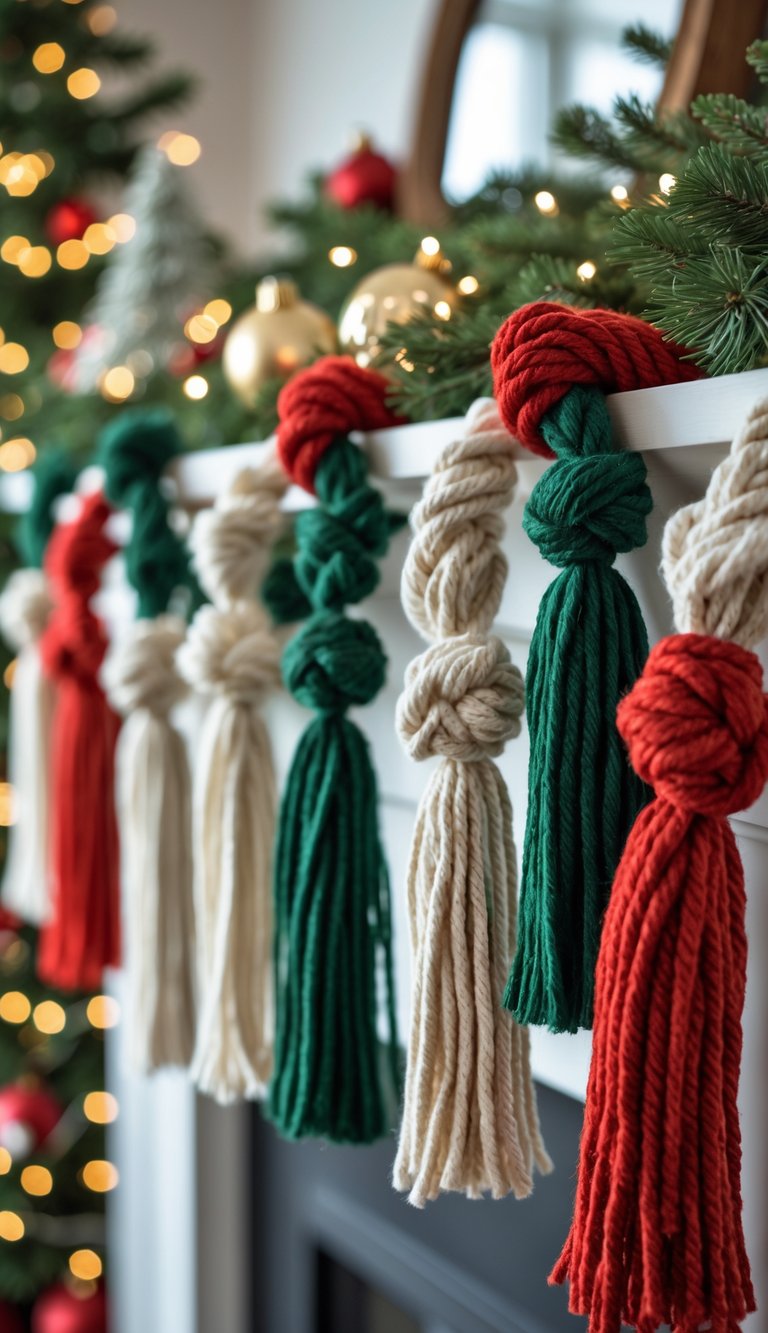 Knotted yarn tassel garlands in red, green, white, and gold hanging indoors with holiday decorations in the background.