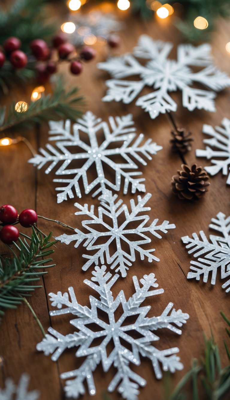 Close-up of paper snowflake cutouts with glitter on a wooden surface surrounded by pine branches and red berries.