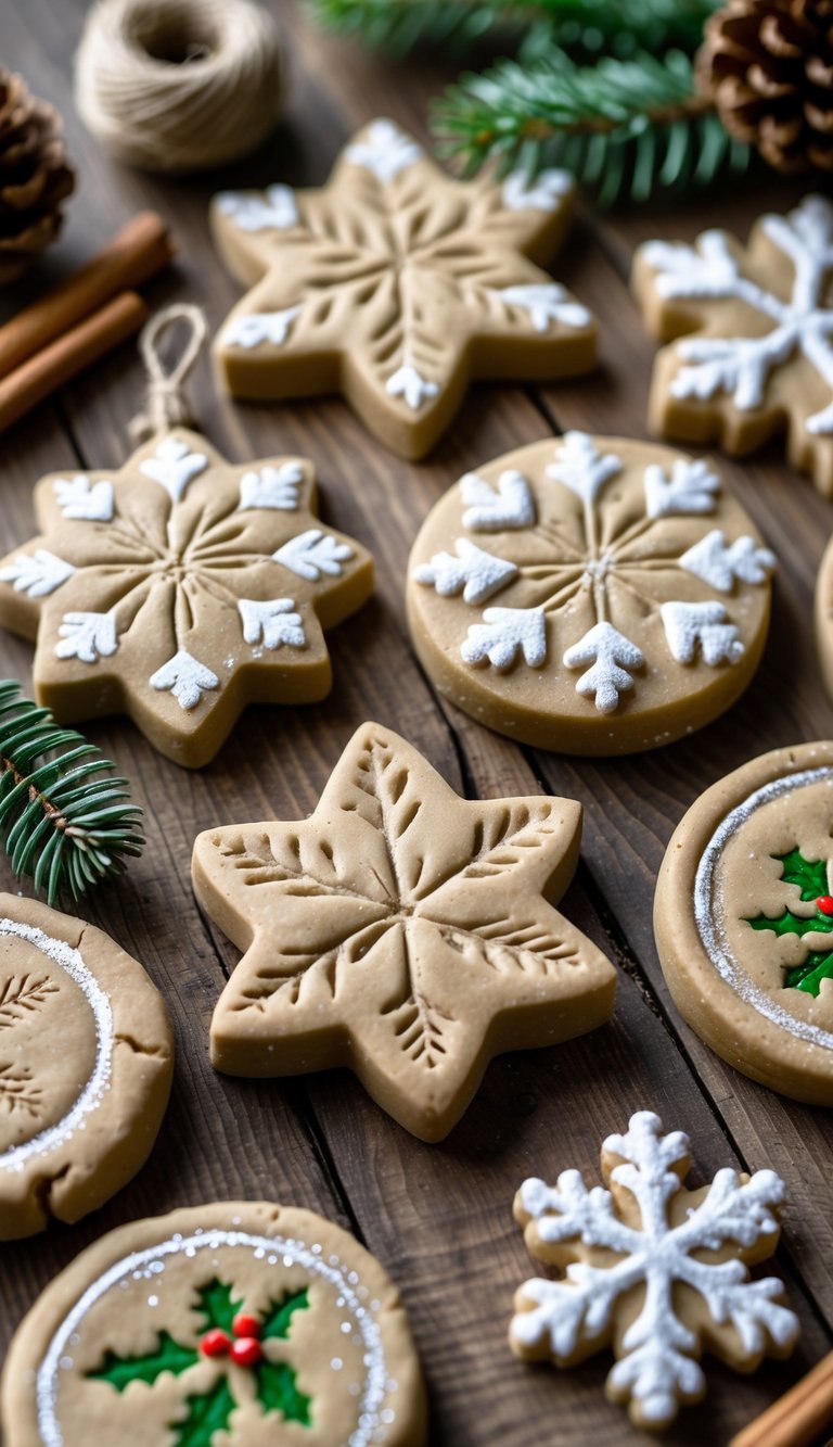 A collection of handmade salt dough Christmas ornaments with holiday patterns arranged on a wooden surface with crafting materials around them.