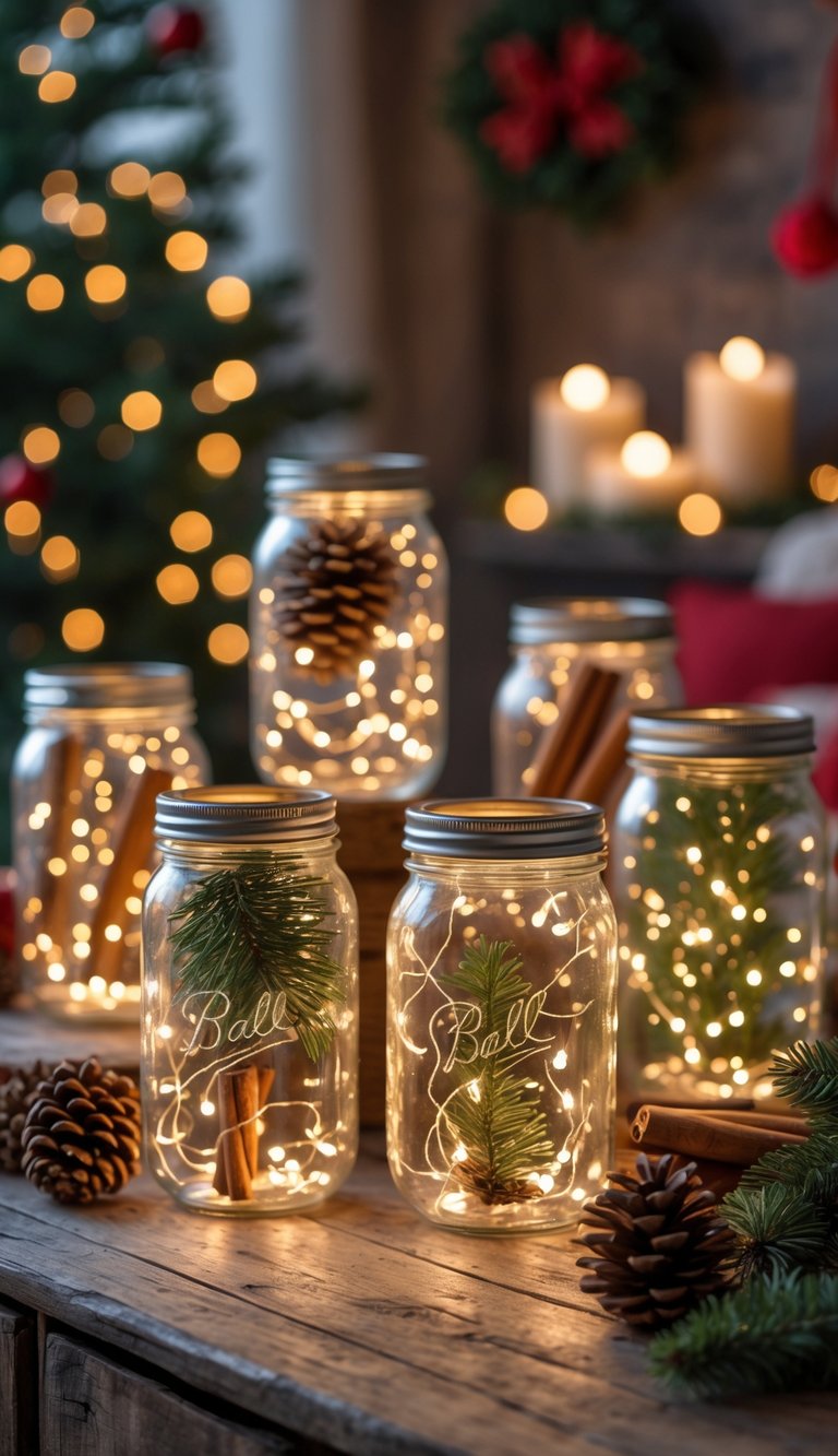 Mason jars filled with warm white LED fairy lights arranged on a wooden surface with Christmas decorations in the background.