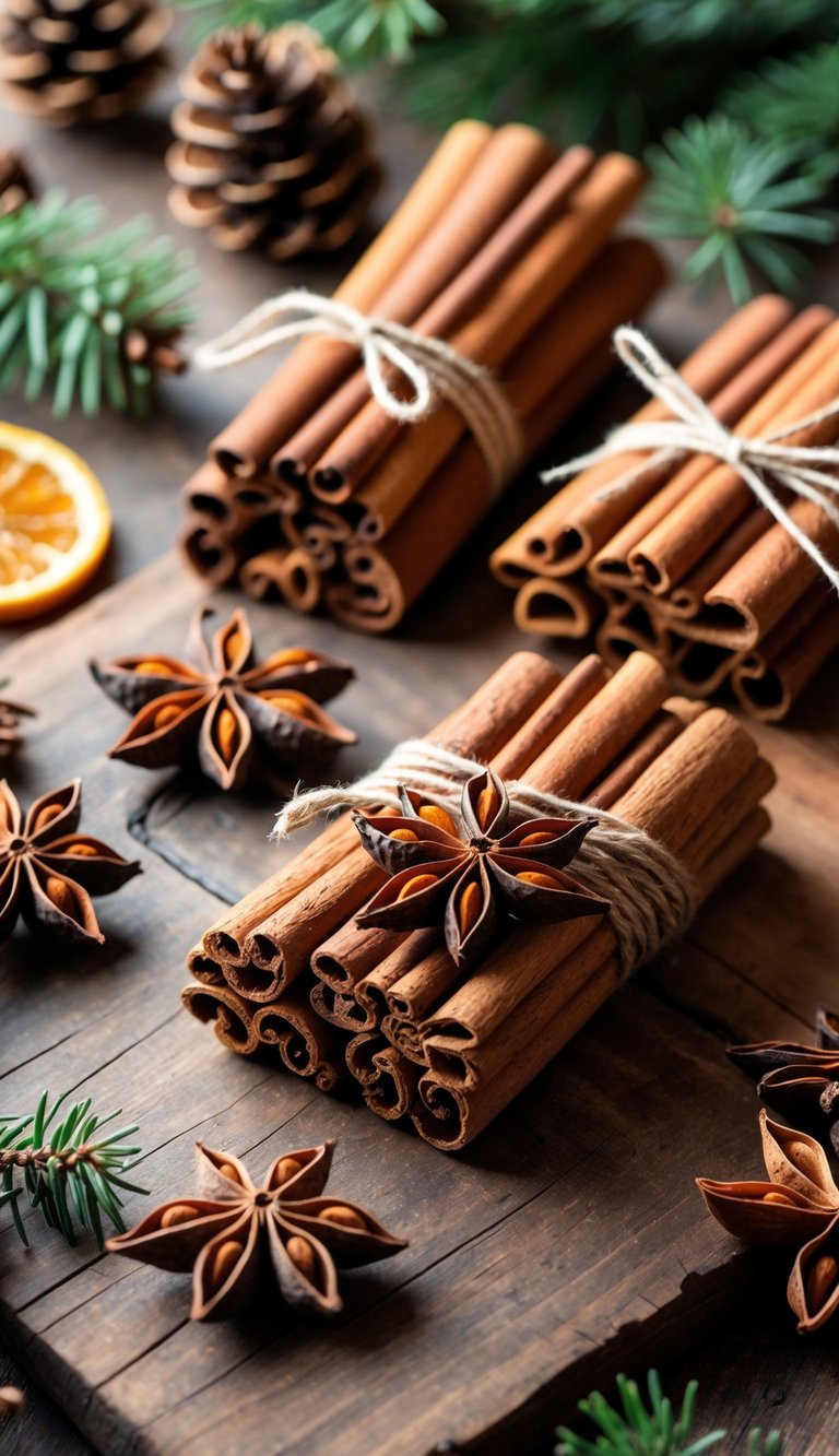 Several bundles of cinnamon sticks and star anise tied with twine on a wooden surface surrounded by pine cones and evergreen sprigs.