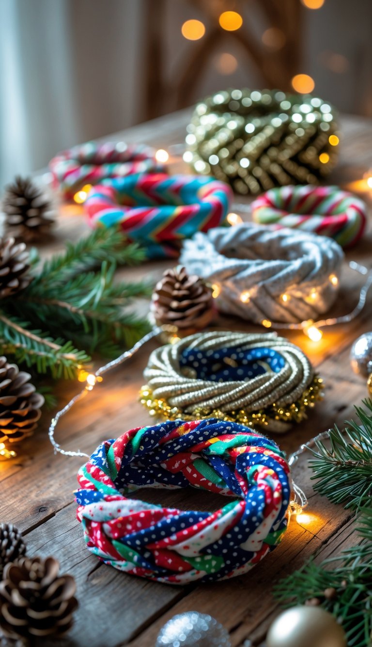 A collection of handmade Christmas decorations made from braided fabric scraps and tinsel garlands arranged on a wooden table with pine cones and evergreen sprigs.