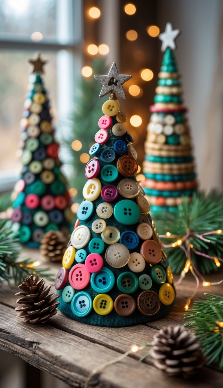 Several small Christmas trees made from stacked vintage buttons displayed on a wooden surface with pine branches and soft glowing lights around them.