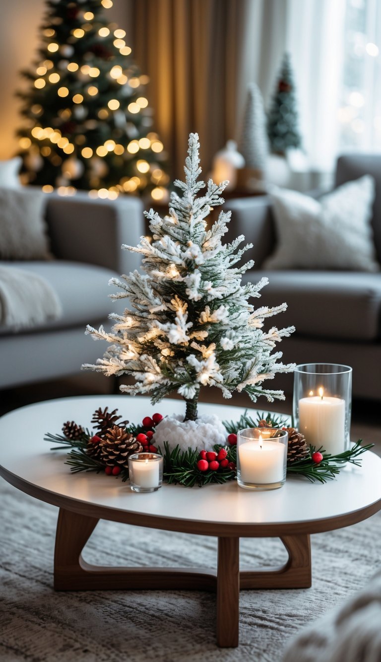 Miniature frosted Christmas tree centerpiece on a coffee table with holiday decorations in a cozy living room.