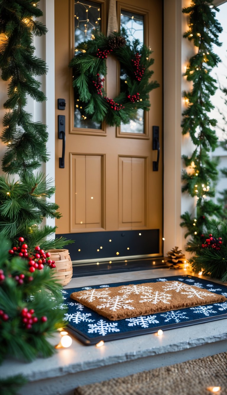 A front door entrance decorated with a festive winter doormat, pine garlands, red berries, pine cones, and a wreath on the door.