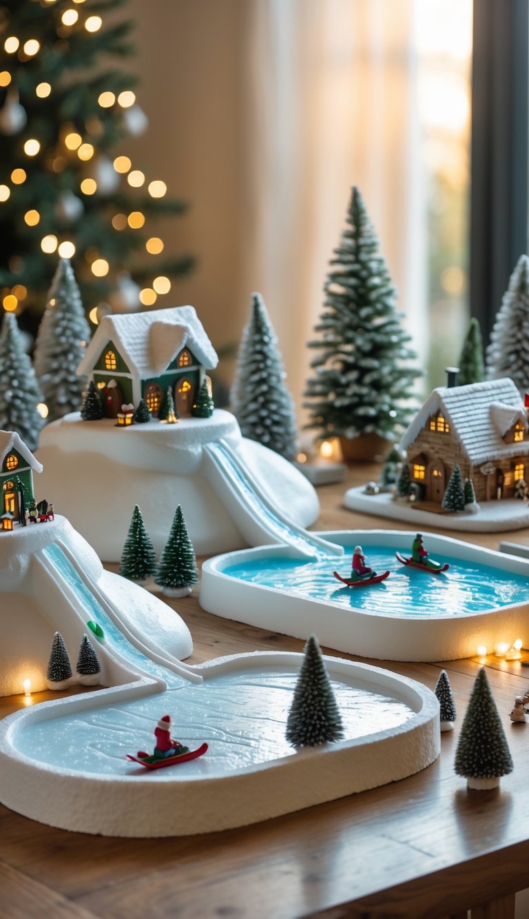 A miniature Christmas village display with sledding hills and ice rinks made from Styrofoam, decorated with tiny houses and trees.