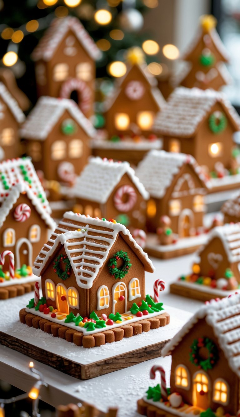 A festive scene showing ten handmade gingerbread Christmas village displays with brick backdrops, decorated with miniature houses, candy canes, and holiday decorations.