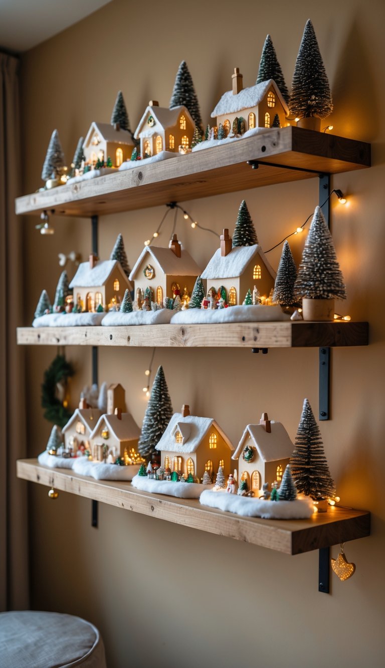 Floating shelves on a wall displaying miniature Christmas village houses and decorations.