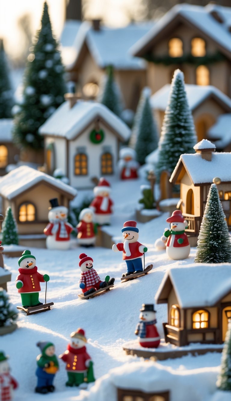 A miniature Christmas village with figurines of carolers, sledding children, and snowmen surrounded by snow-covered houses and trees.