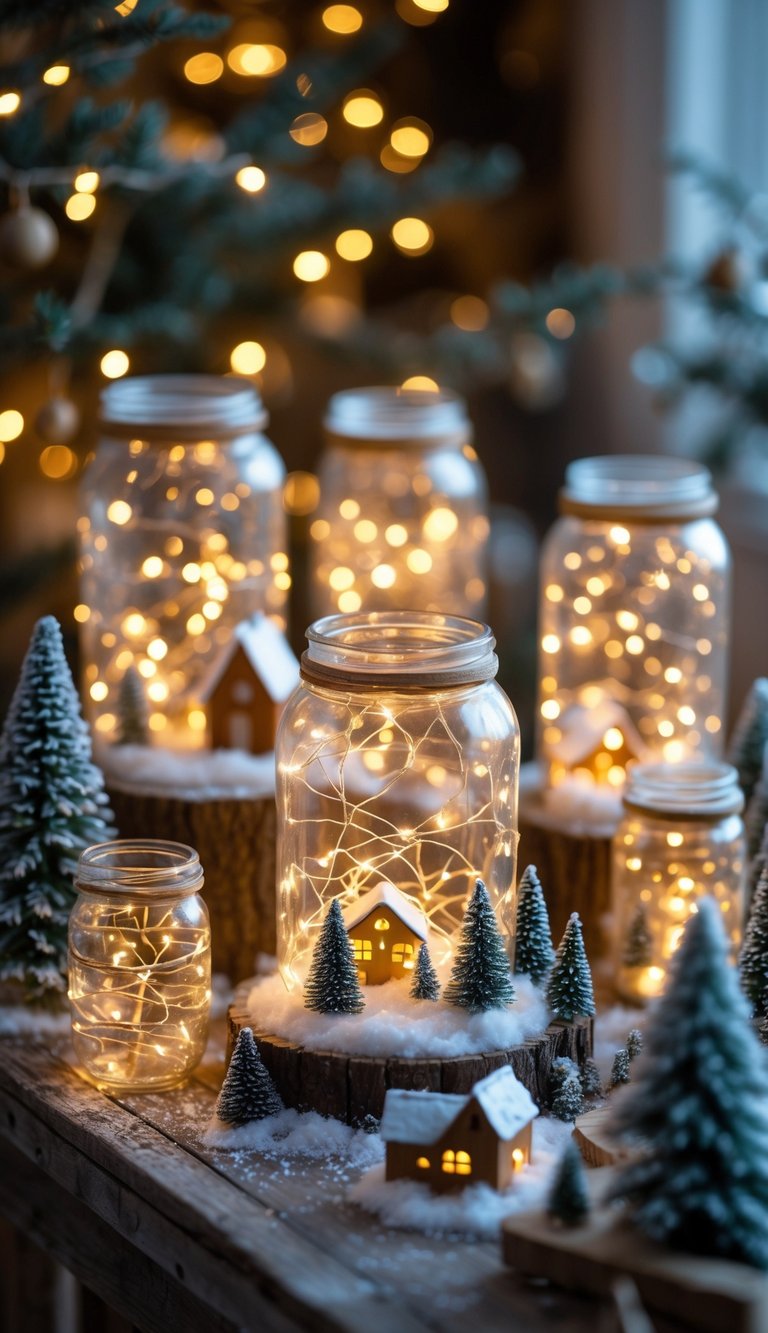 A Christmas village scene with glowing lanterns made from recycled jars wrapped in fairy lights scattered among miniature houses and snowy trees.
