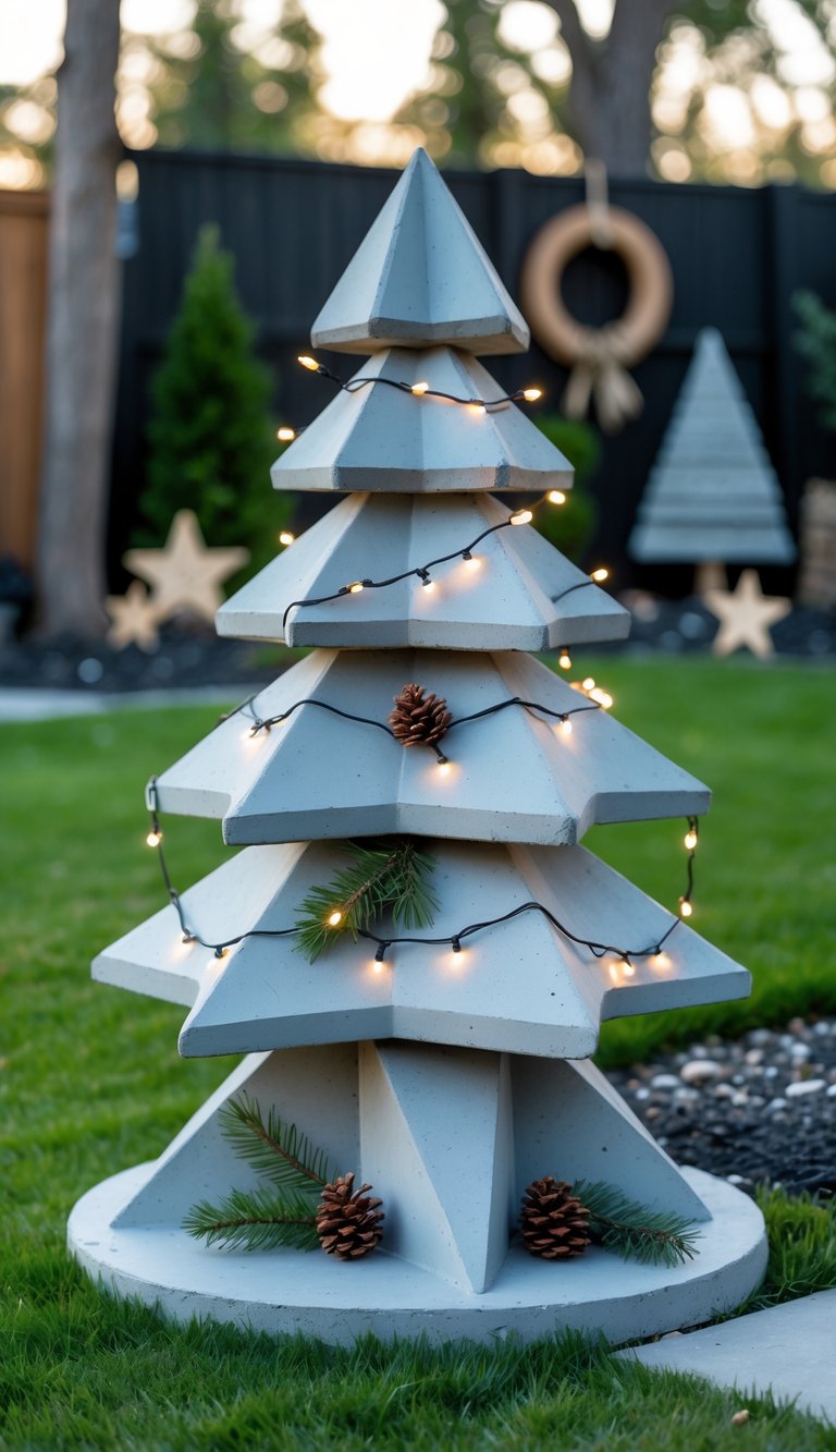 A DIY concrete Christmas tree sculpture outdoors in a garden with small decorations and greenery around it.