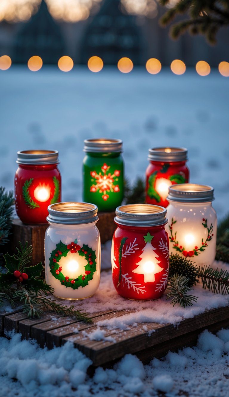 Several hand-painted Mason jar lanterns with glowing LED candles arranged outdoors on a snowy yard with holiday greenery around them.