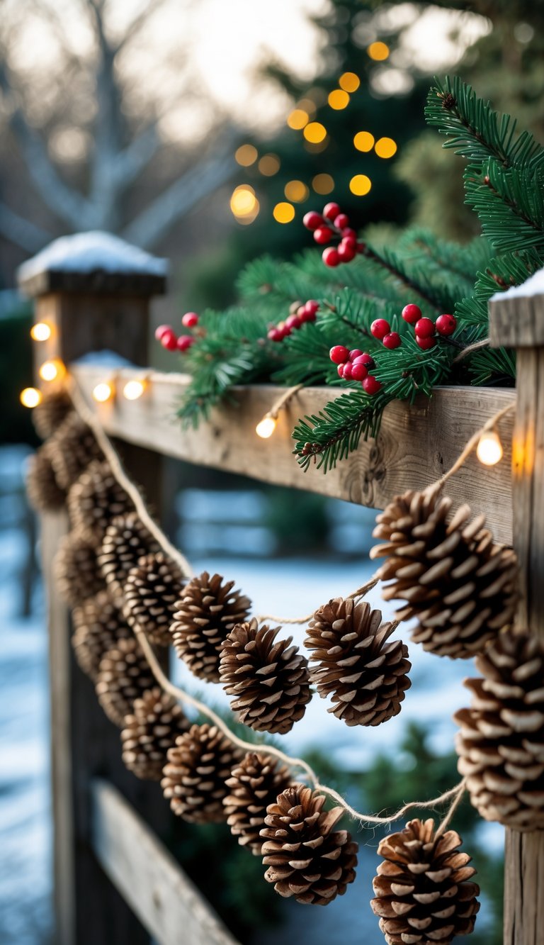 A wooden fence decorated with a pine cone garland and small holiday greenery in an outdoor yard setting.