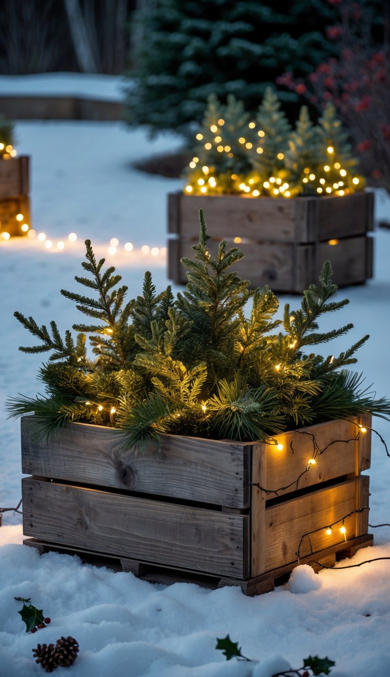 Wooden crate planters filled with evergreen branches and fairy lights arranged outdoors in a snowy yard.