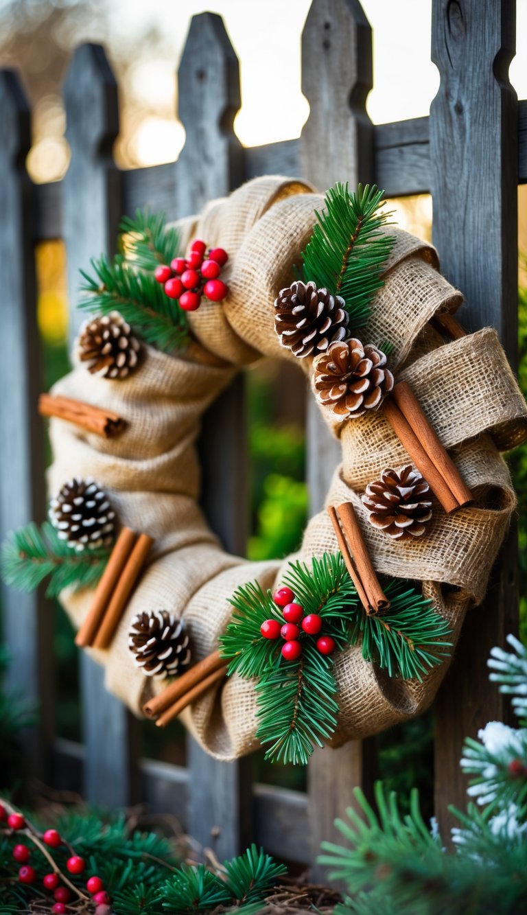 A burlap wreath decorated with cinnamon sticks, red berries, pine cones, and pine branches hanging outdoors on a wooden fence.