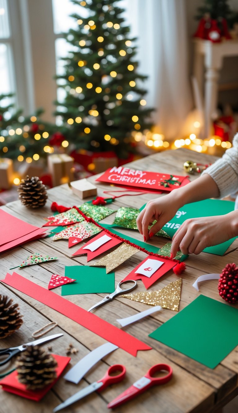 Hands making a custom Christmas banner on a table with craft supplies and holiday decorations nearby.