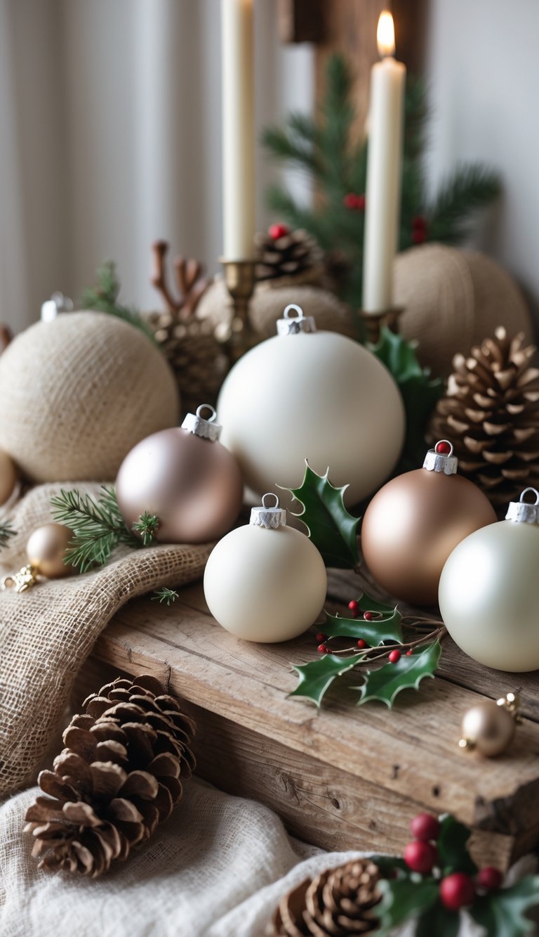 A cozy holiday scene with neutral-colored ornaments accented by small touches of red and green on rustic wooden surfaces.