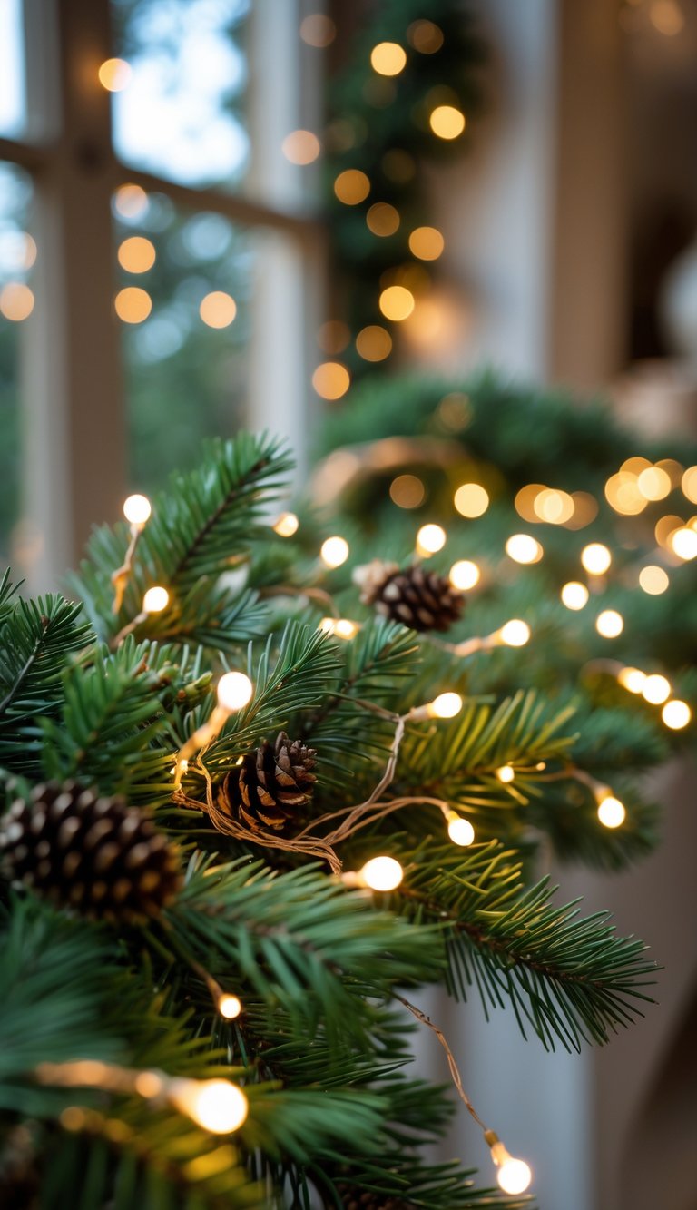 Close-up of a pine branch garland decorated with twinkling fairy lights and pine cones, creating a warm and festive holiday scene.