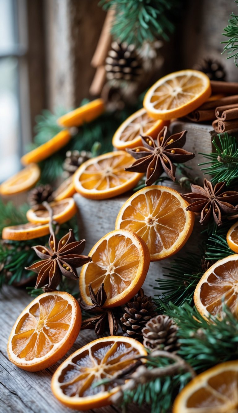 Dried orange slices and star anise garlands arranged with pinecones and greenery on a rustic wooden surface.