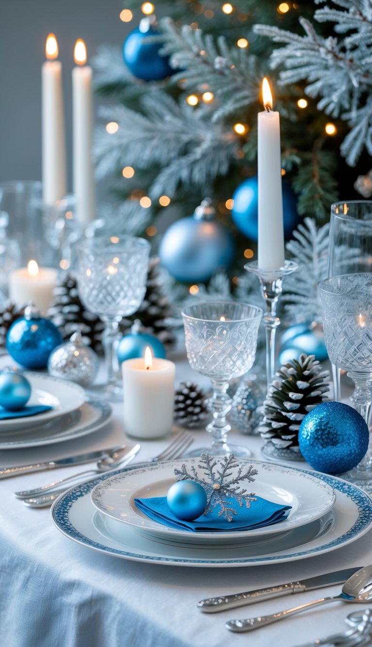 A beautifully set Christmas dinner table decorated with white and icy blue accents, candles, and festive ornaments.