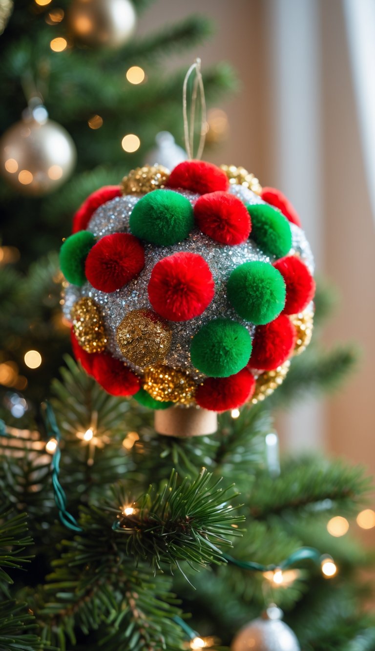 A Christmas tree topped with a colorful pom-pom and glitter covered ball decoration surrounded by holiday lights and ornaments.