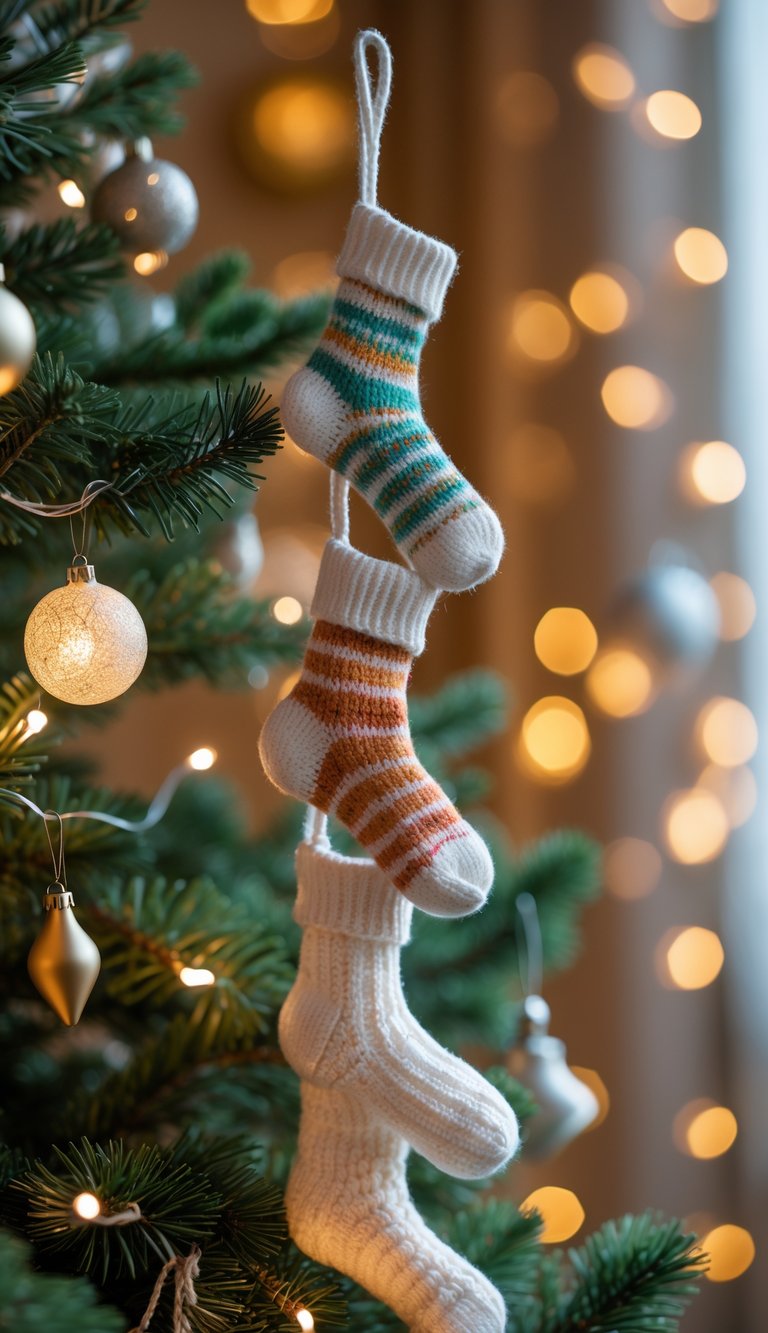 Close-up of a decorated Christmas tree with a garland of small knitted stockings at the top as a tree topper.
