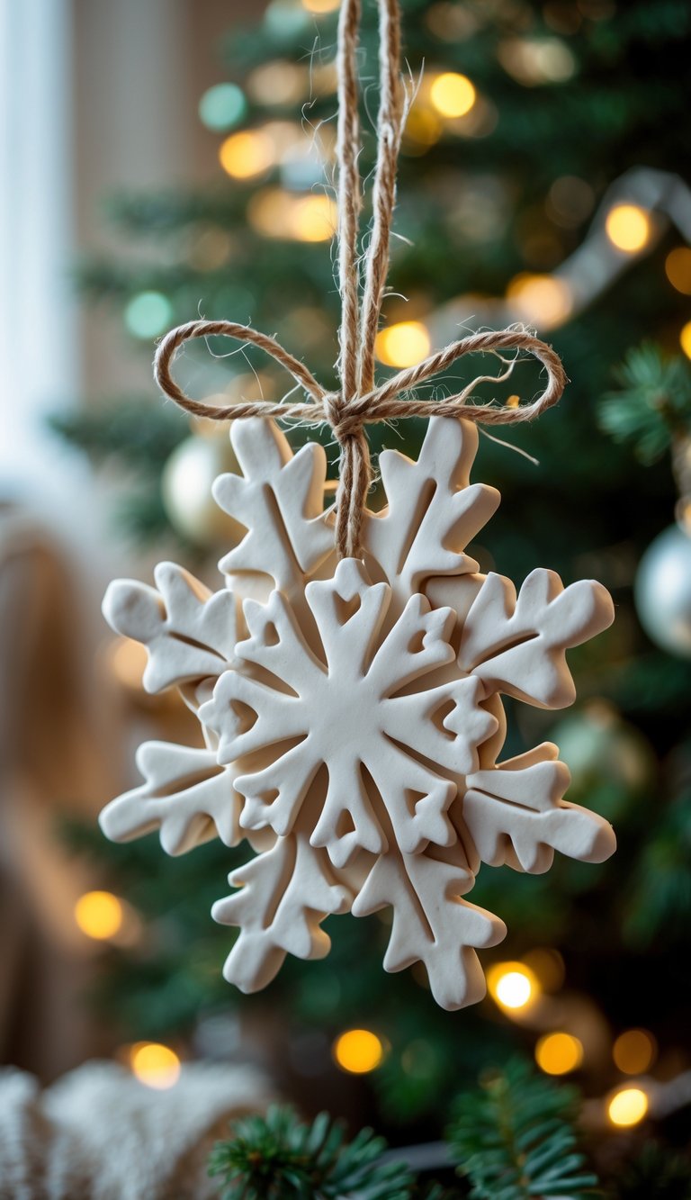 A handmade white clay snowflake tied with twine hanging on a decorated Christmas tree.