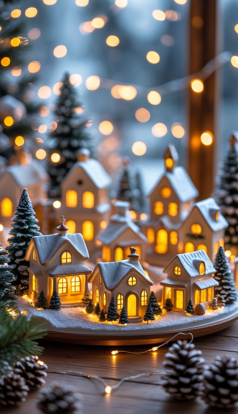 A cozy display of vintage ceramic Christmas village houses with snow and warm lights on a wooden table.