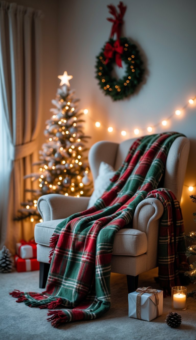 A cozy bedroom corner with a plaid red and green throw blanket on an armchair and subtle Christmas decorations.
