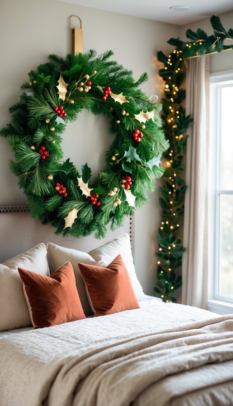 A bedroom with a festive green wreath hanging above the bed, decorated with holiday pillows and soft natural light.