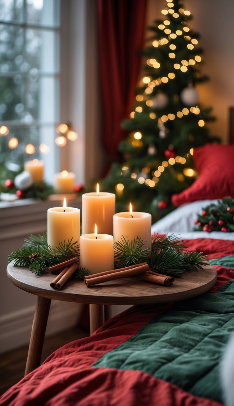 A bedroom with a bed and bedside table holding lit scented candles surrounded by cinnamon sticks and pine branches, decorated for Christmas.