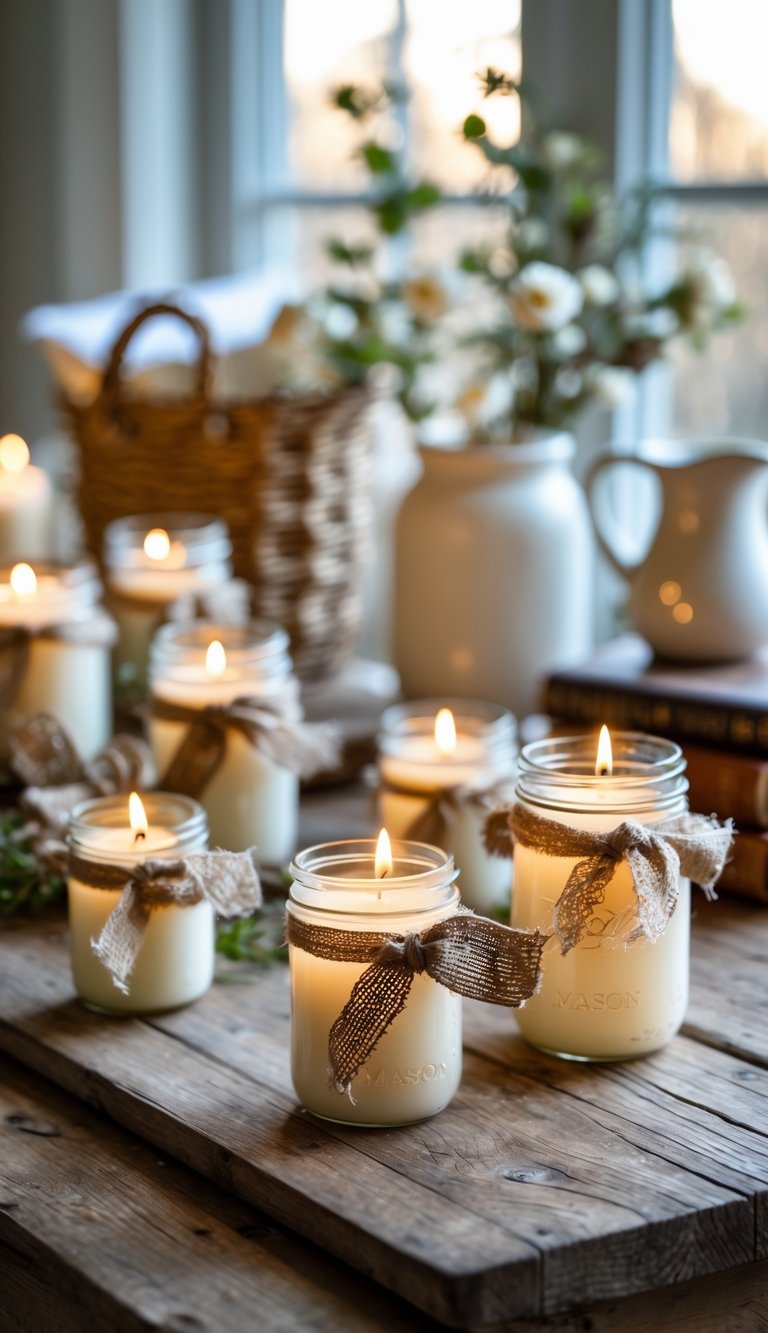 A wooden table with mason jars holding lit candles surrounded by rustic decorative elements.