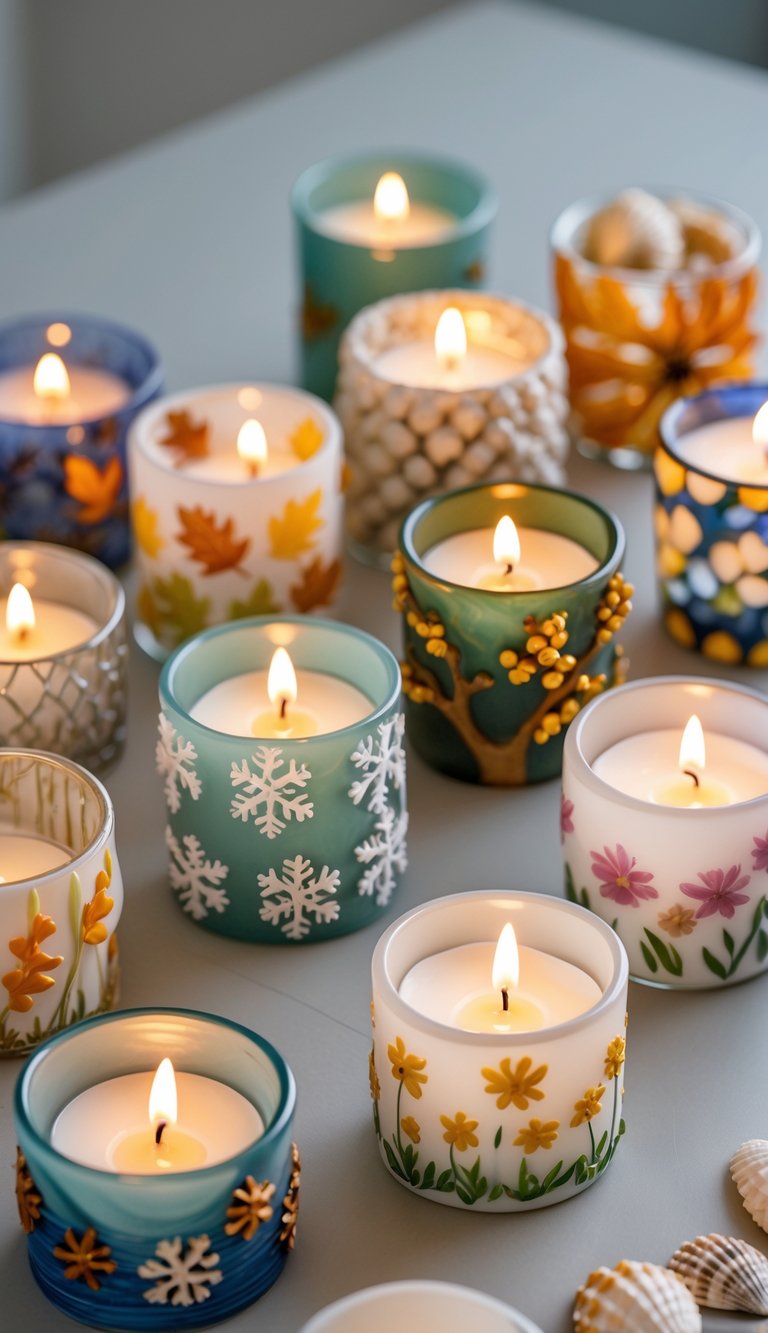 A collection of ten decorated tea light holders with seasonal themes, each lit with a small candle.