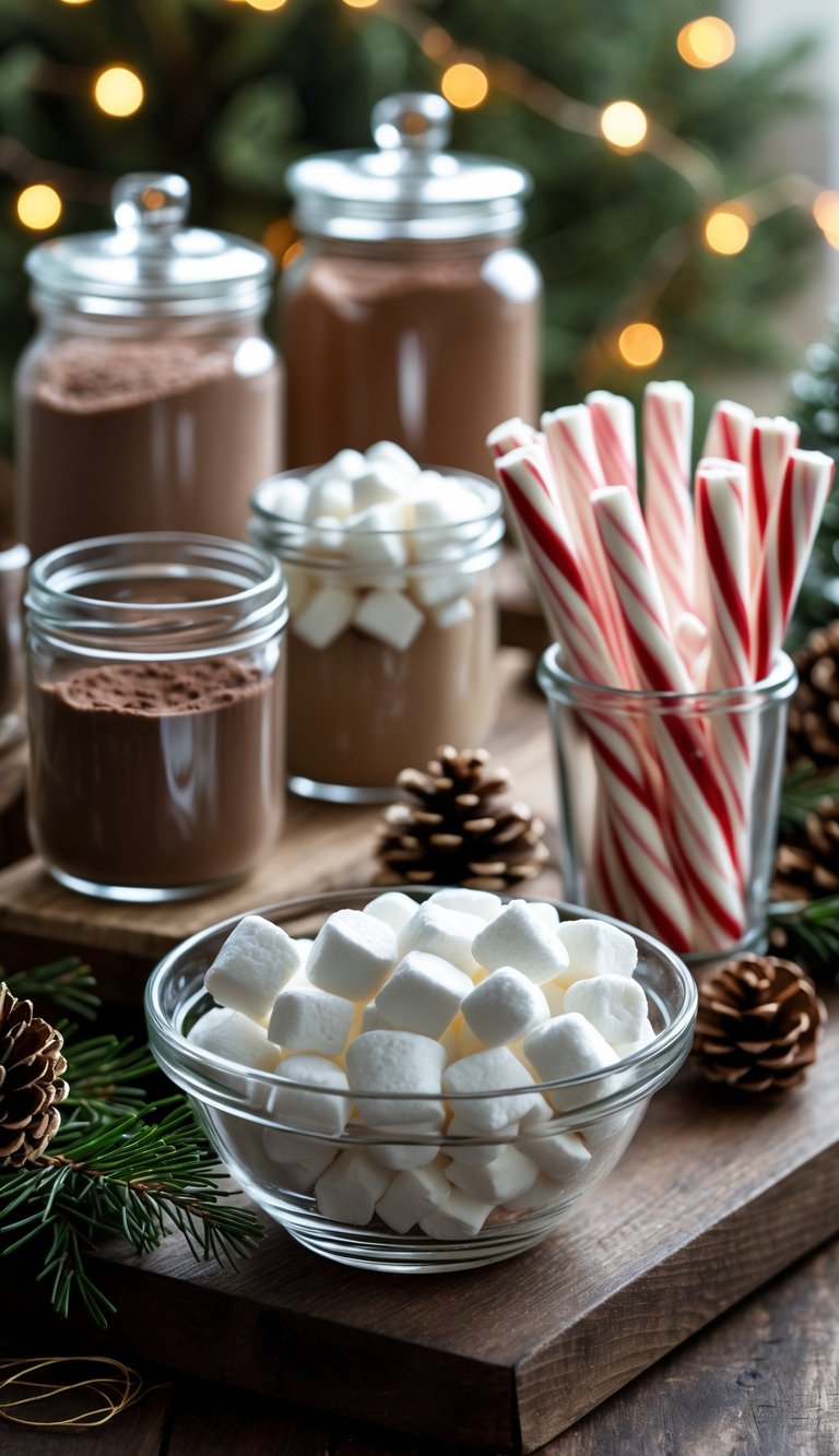 A table with jars of cocoa powder, a bowl of marshmallows, peppermint sticks, and Christmas decorations arranged for a hot chocolate station.
