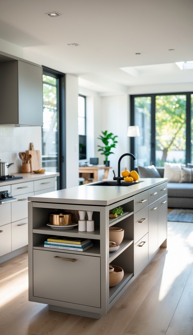 A small open plan kitchen living room with a multi-functional kitchen island featuring built-in storage and a compact seating area in the background.