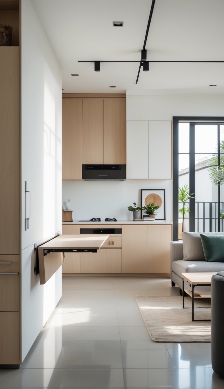 A small open plan kitchen and living room with a slim foldable dining table mounted on the wall, a compact kitchen area, and a cozy seating space.
