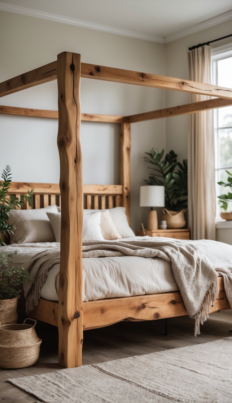 A bedroom with a wooden bedframe, made bed with pillows and blanket, plants, and soft natural light.