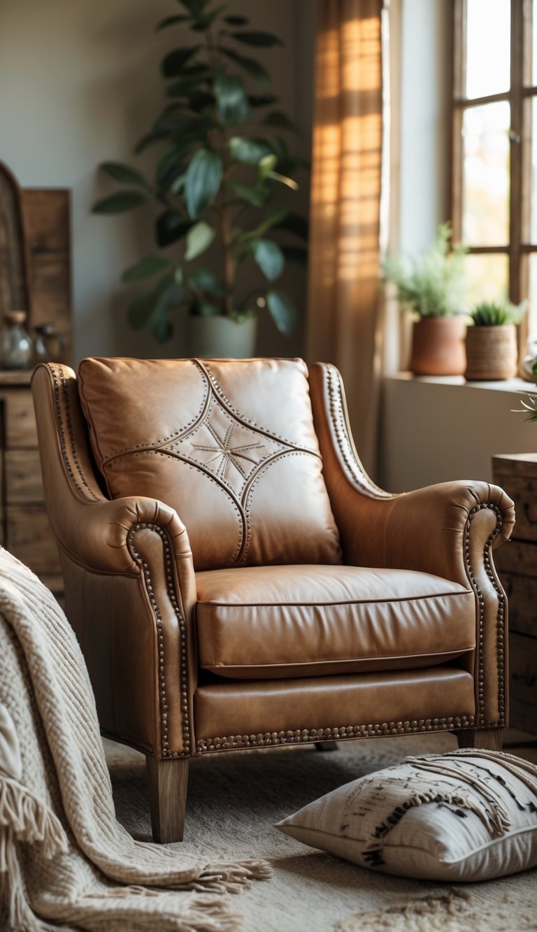 A leather accent chair in a bedroom with warm lighting and rustic wooden furniture.