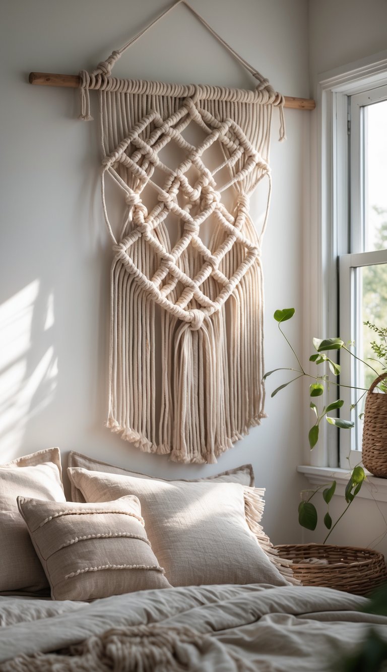 A bedroom corner with a large macramé wall hanging above a bed with pillows and soft natural light coming through a window.