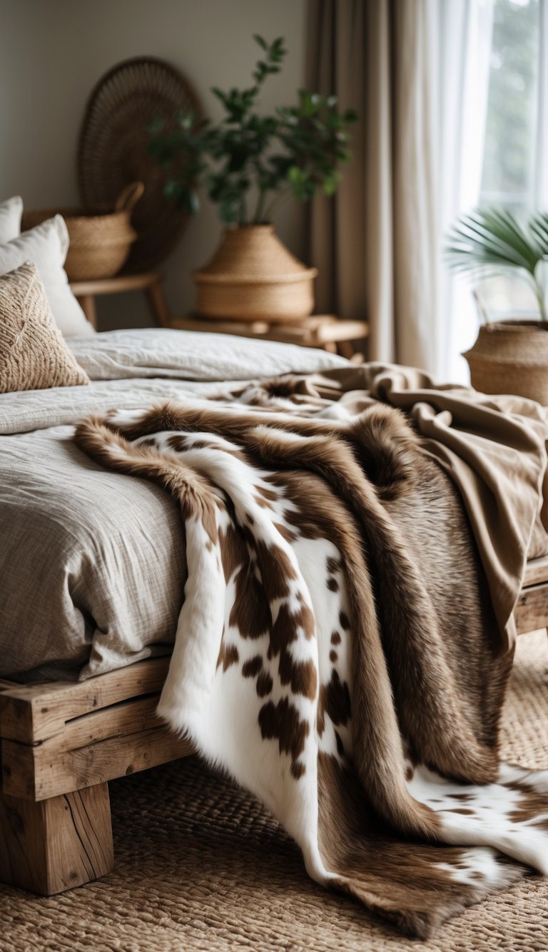 A bedroom with a wooden bed covered by a cowhide throw blanket, soft pillows, and natural light coming through a window.