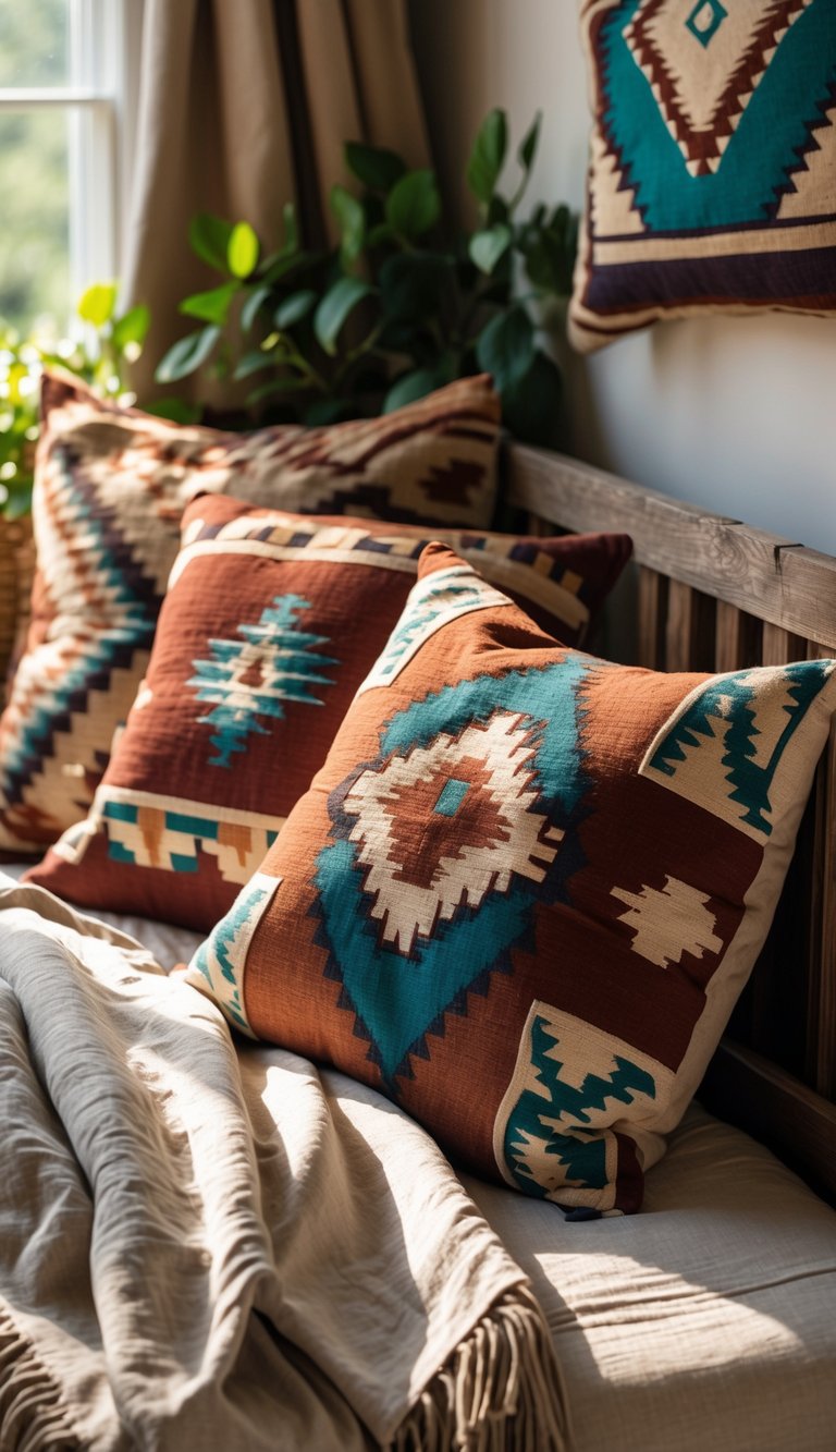 A cozy bedroom corner with patterned pillows arranged on a wooden bench next to a bed with soft linens and natural light coming through a window.