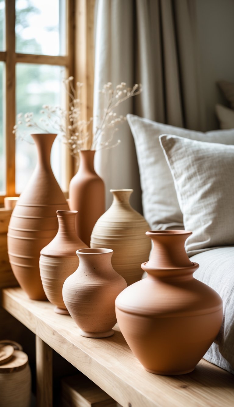 A cozy bedroom scene with warm clay pottery vases displayed on a wooden shelf near a bed with neutral bedding and soft natural light.