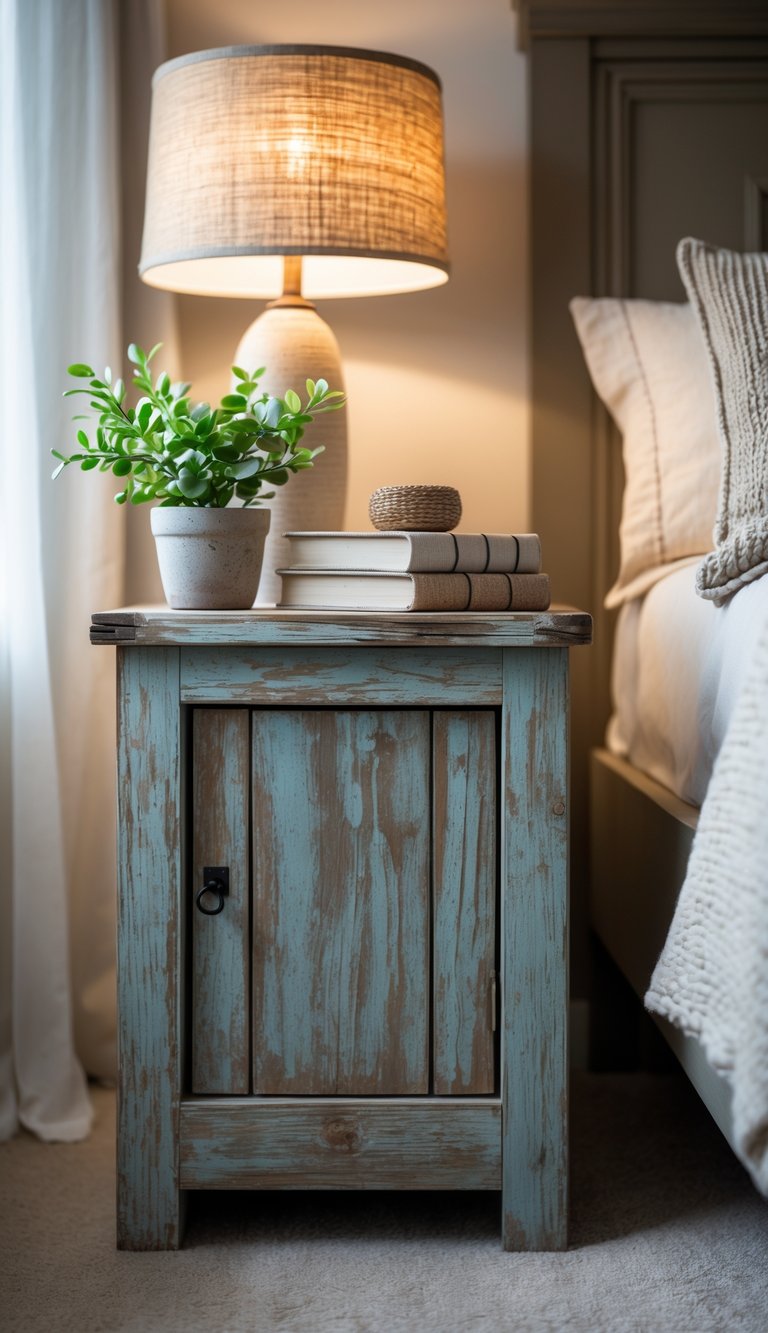 A wooden nightstand with a small plant, books, and a lamp next to a bed in a softly lit bedroom.