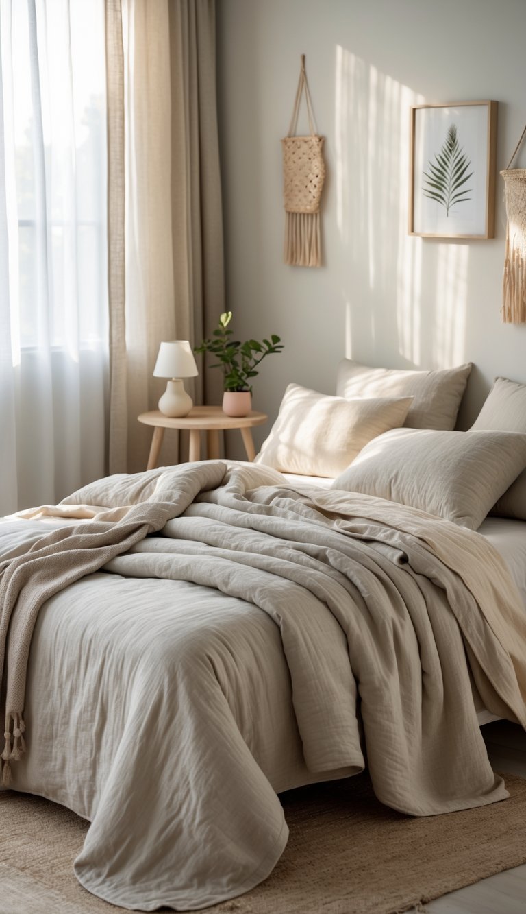 A neatly made bed with soft linen bedding in neutral colors in a bright bedroom with wooden furniture and natural light.