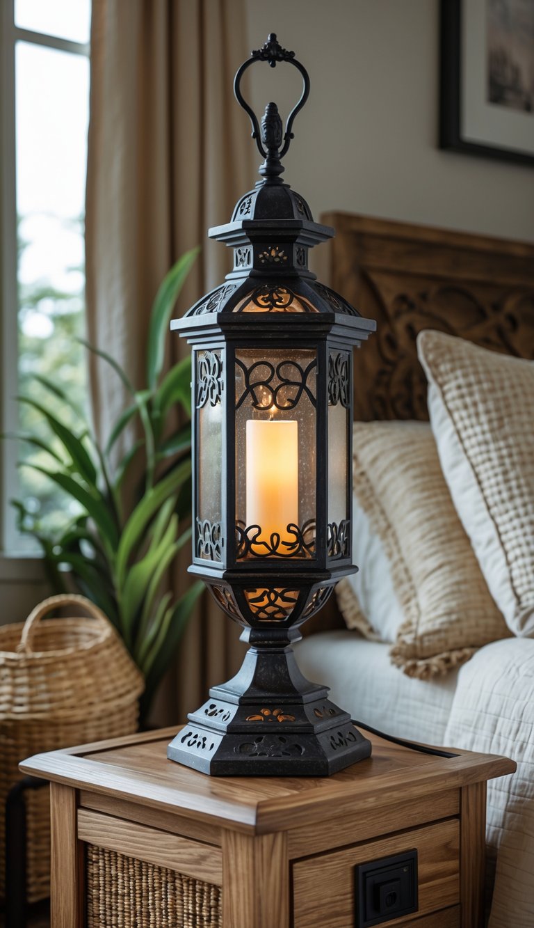 A bedside lamp with wrought iron details on a wooden nightstand next to a bed with pillows and plants in the background.